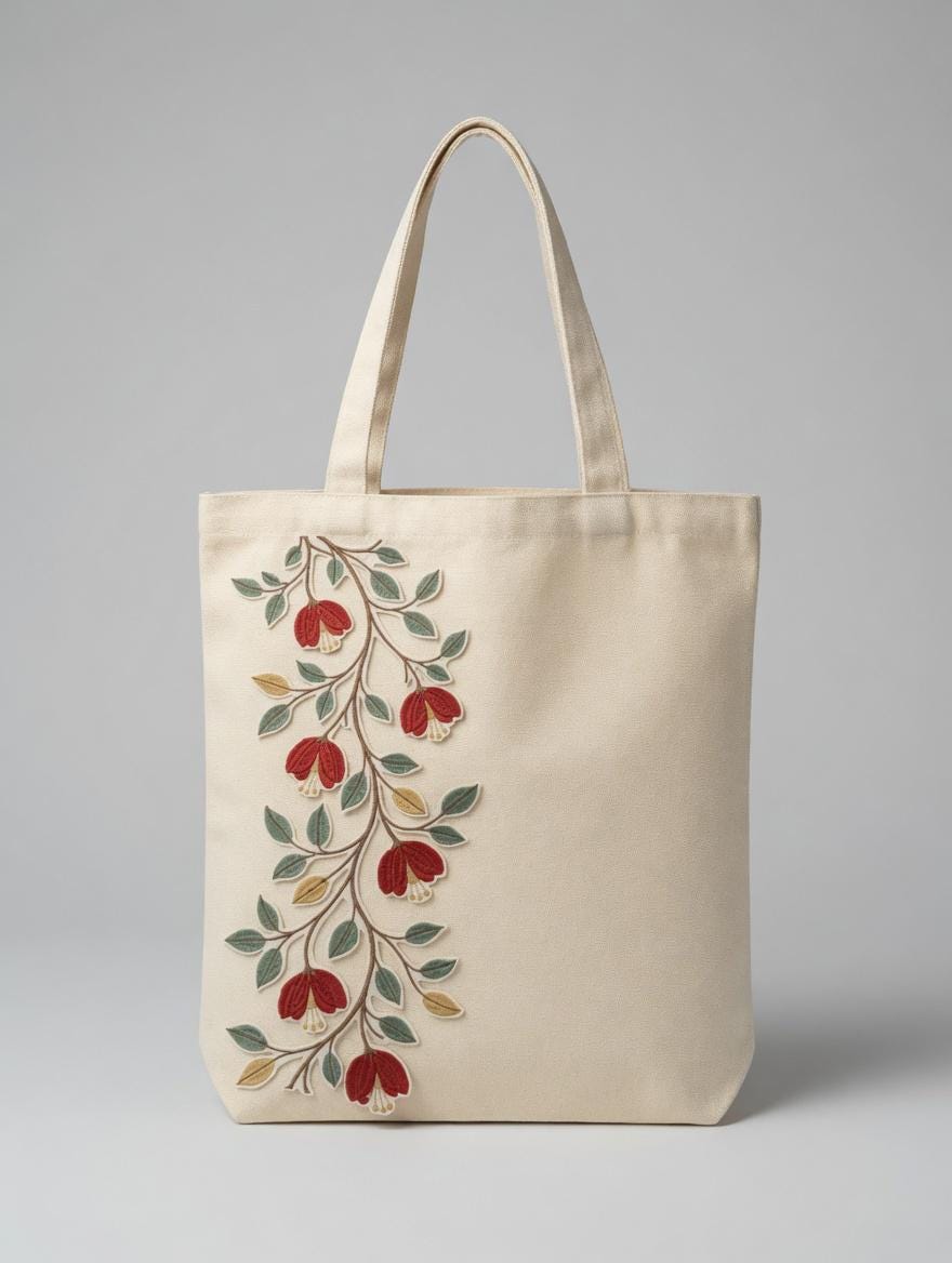 Custom Embroidered Floral Tote Bag – Red Flower Vine Canvas Shoulder Bag