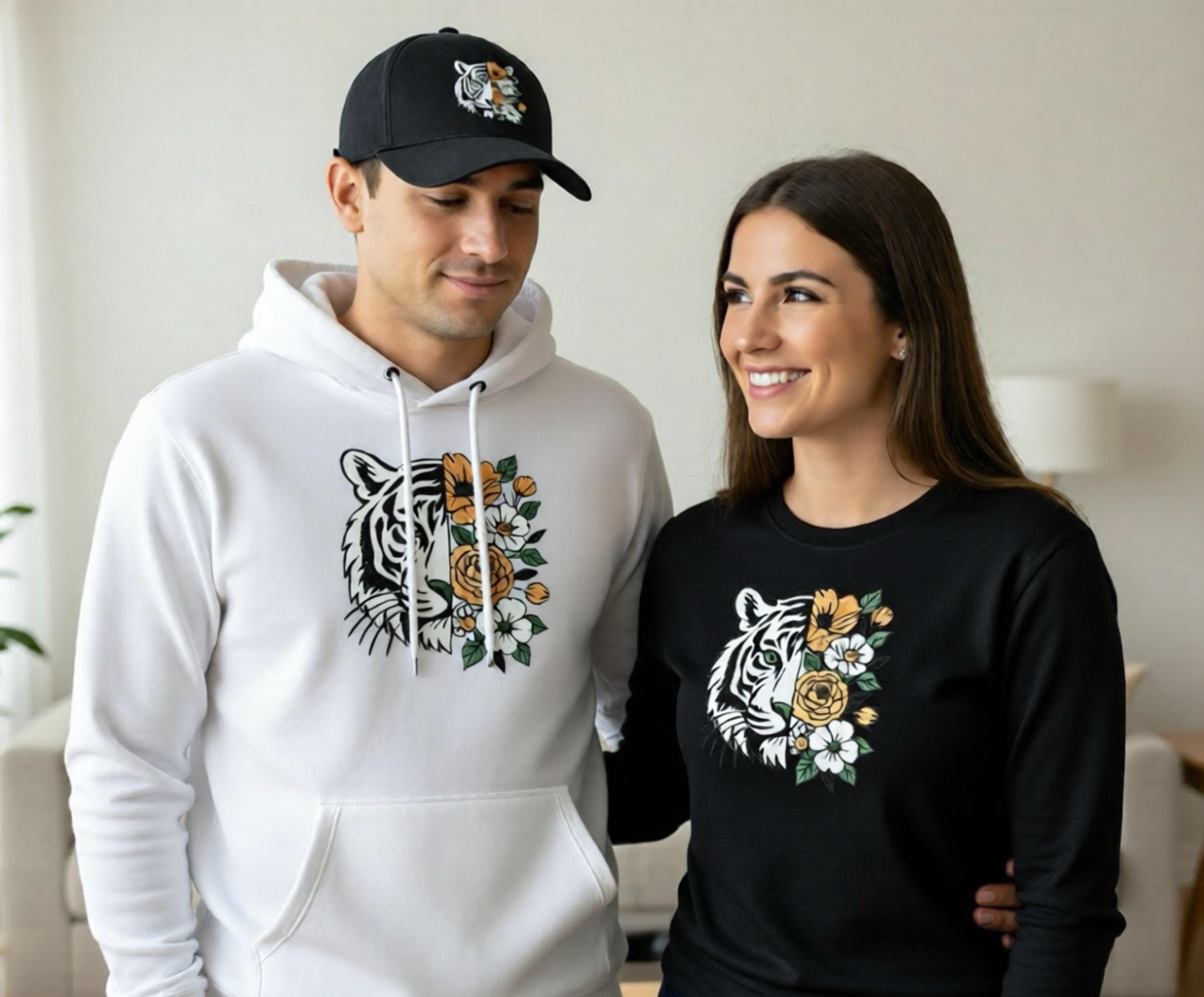 Embroidered Tiger Floral Sweatshirt / hoodie ,  Sepecial Day's Gift / Couple Hoodies
