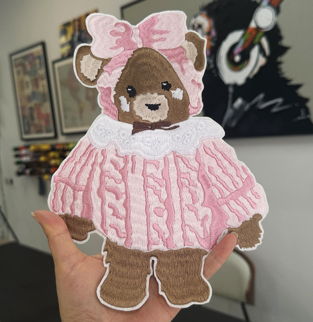 Hand Embroidered Teddy Bear Patch – Pink Frilly Baby Dress Applique (Sew On/Iron On)