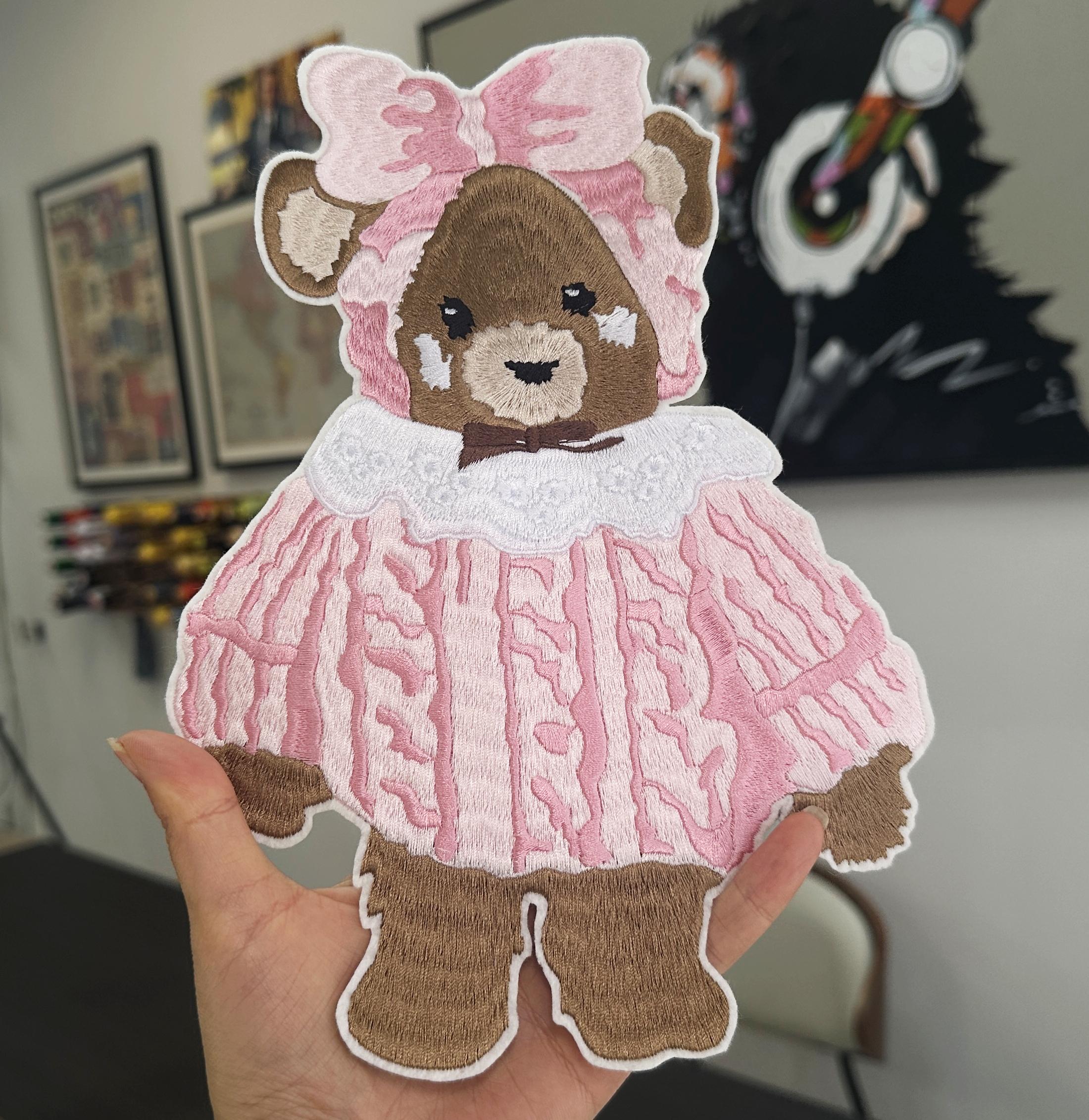 Hand Embroidered Teddy Bear Patch – Pink Frilly Baby Dress Applique (Sew On/Iron On)