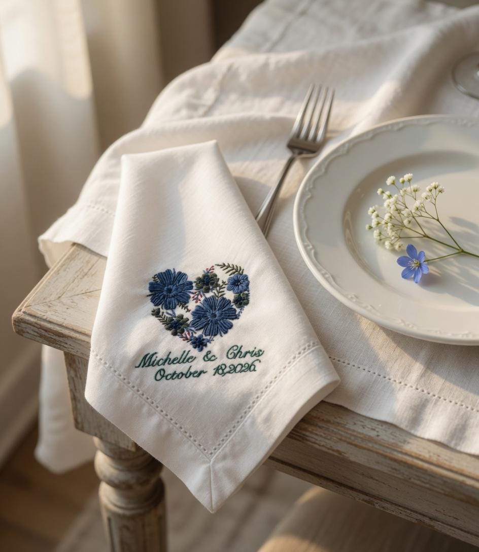 Embroidered Blue Floral Heart Linen Napkin | Custom Wedding Names & Date Set of 2 pcs