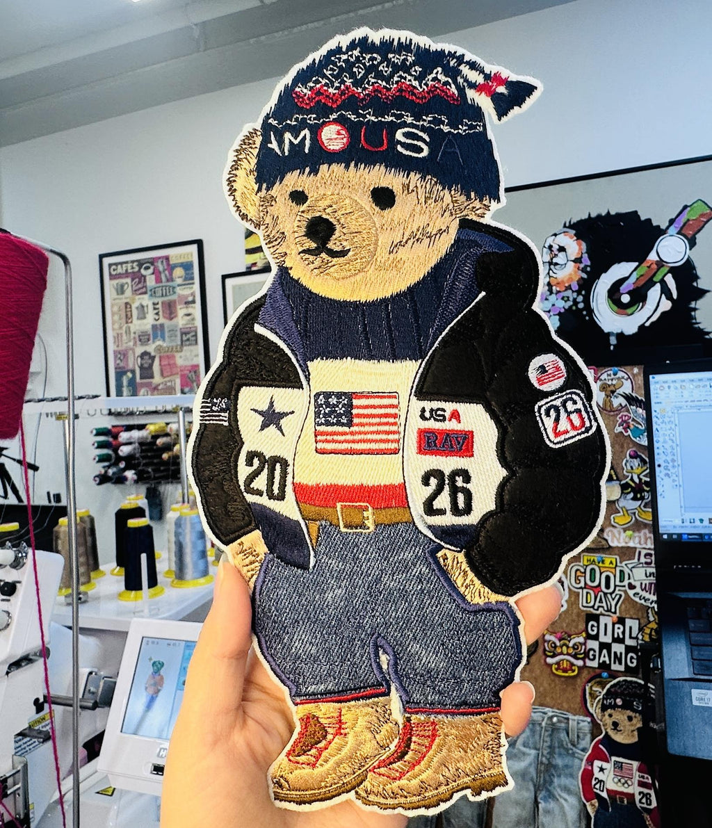 Embroidered Ralph Lauren Bear Patch – Washed Denim Streetwear Badge (Sew/Iron On)