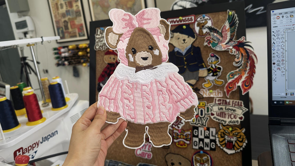 Hand Embroidered Teddy Bear Patch – Pink Frilly Baby Dress Applique (Sew On/Iron On)