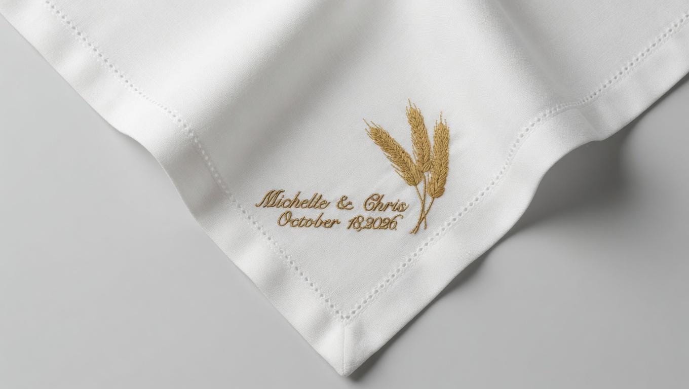 Custom Embroidered Linen Napkin: Golden Wheat Stalks, Couple Names, Wedding Date set of two