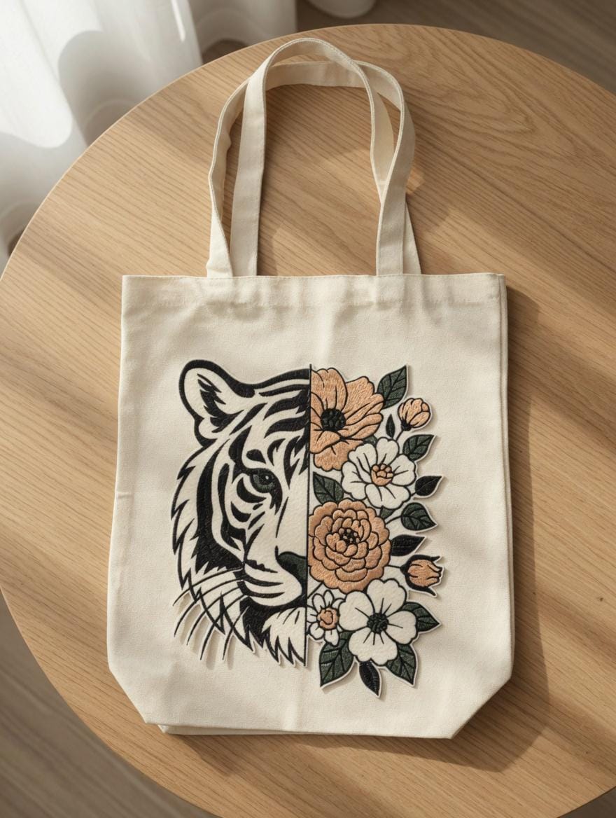 Embroidered Tiger Floral Tote Bag: Artistic Canvas Shoulder Bag