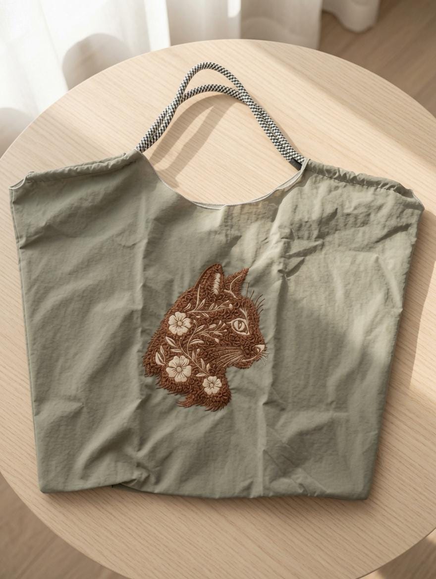 Custom Embroidered Cat Floral Tote Bag Retro Brown Cat Head Sage Green Canvas Shopping Bag Gift Idea