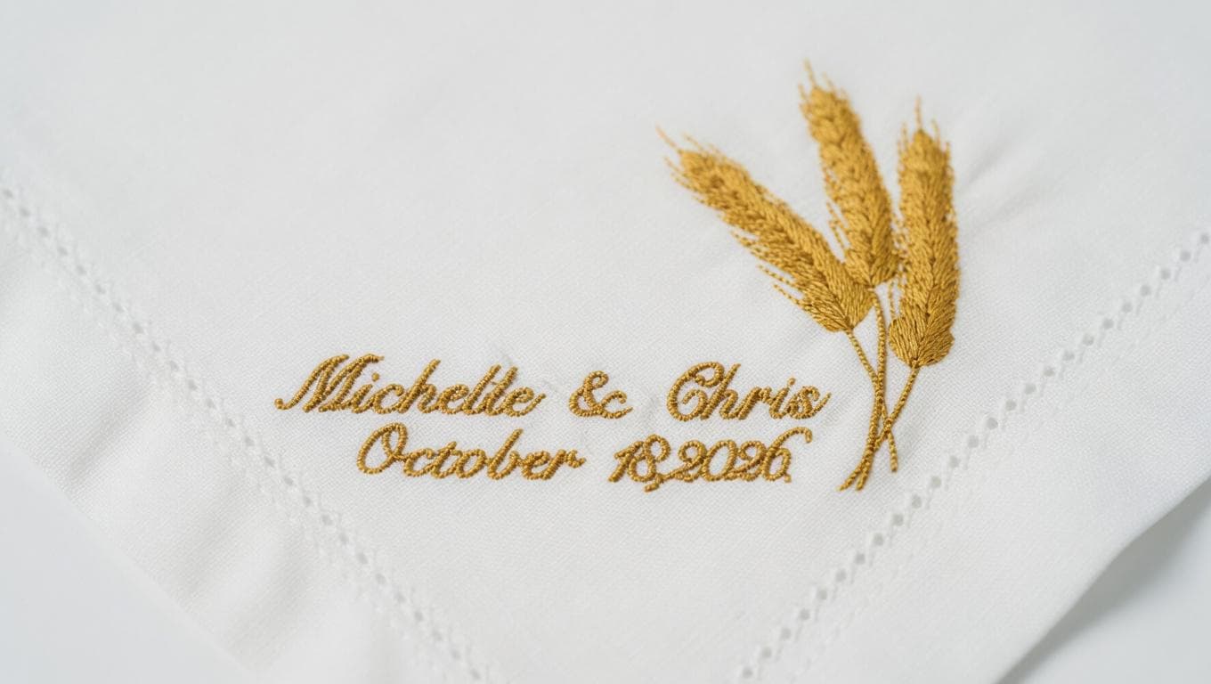 Custom Embroidered Linen Napkin: Golden Wheat Stalks, Couple Names, Wedding Date set of two