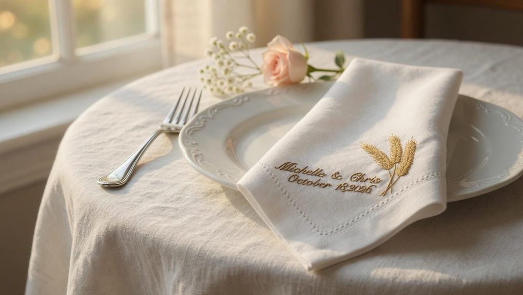 Custom Embroidered Linen Napkin: Golden Wheat Stalks, Couple Names, Wedding Date set of two