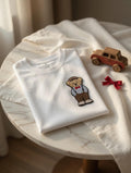 Embroidered Teddy Bear T-Shirt | Dapper Bear with Bow Tie, Suspenders (Cotton)