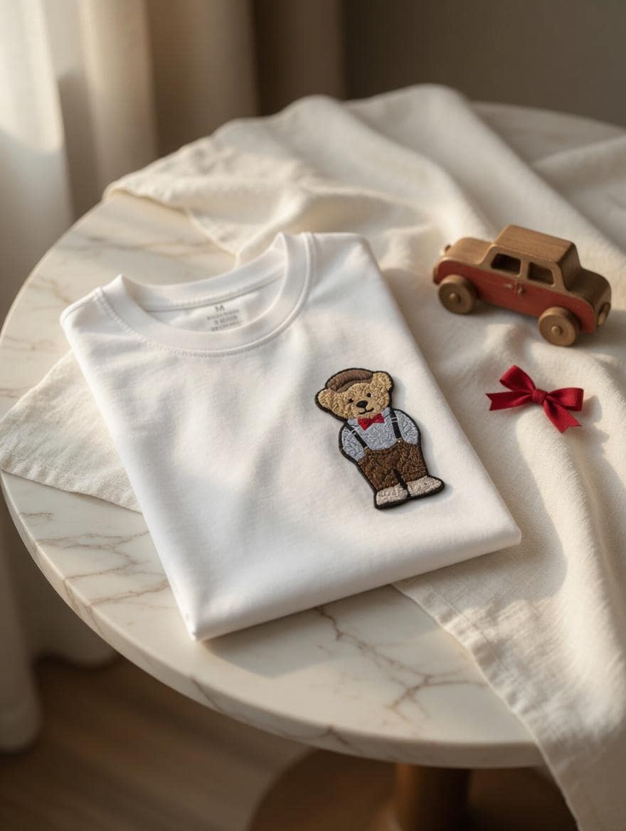 Embroidered Teddy Bear T-Shirt | Dapper Bear with Bow Tie, Suspenders (Cotton)