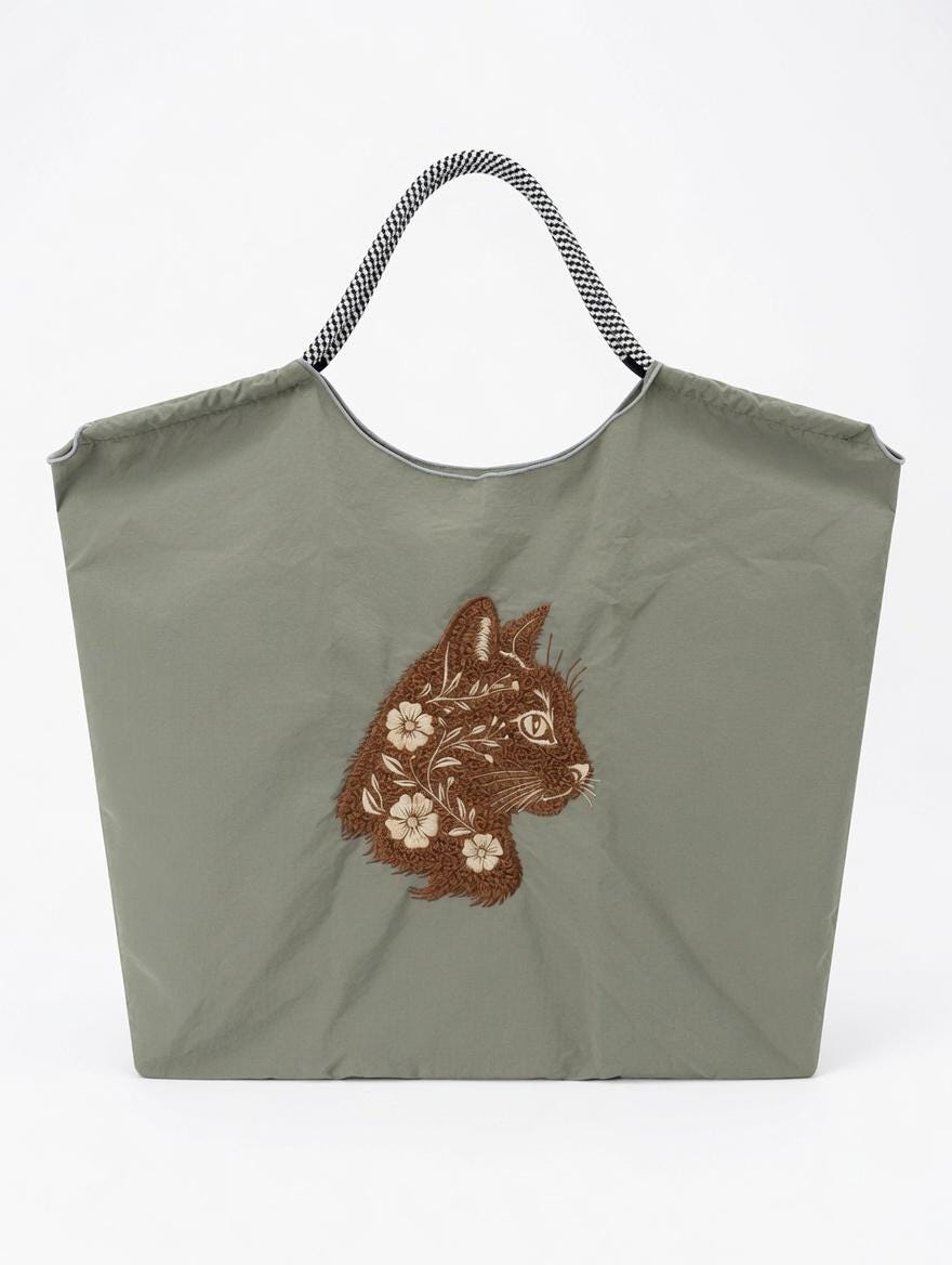 Custom Embroidered Cat Floral Tote Bag Retro Brown Cat Head Sage Green Canvas Shopping Bag Gift Idea
