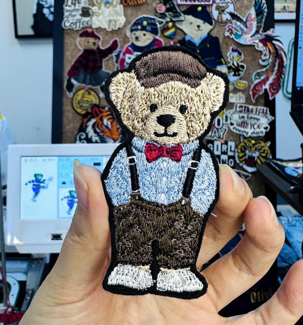 Hand Embroidered Gentleman Bear Patch – RL Polo Style, Bow Tie, Suspenders (Sew-On/Iron-On)