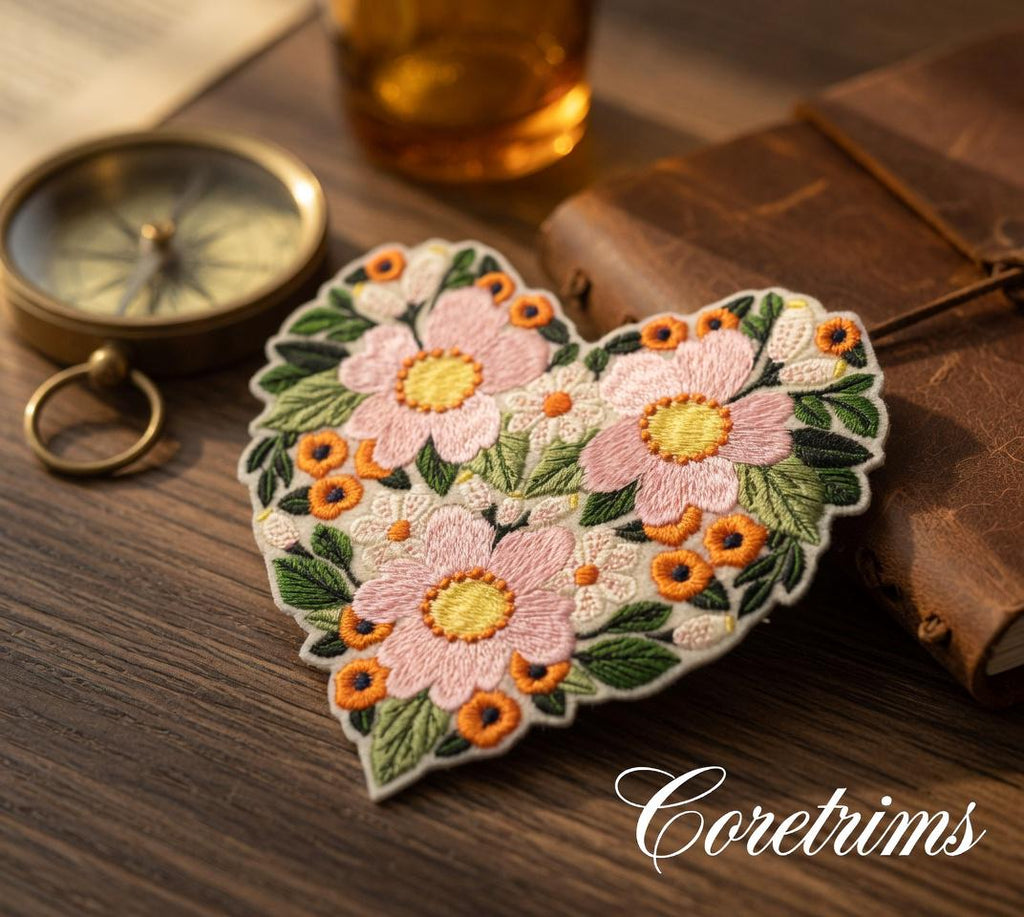 Floral Heart Patch – Hand Embroidered Pink Blossoms Badge (Iron-On)