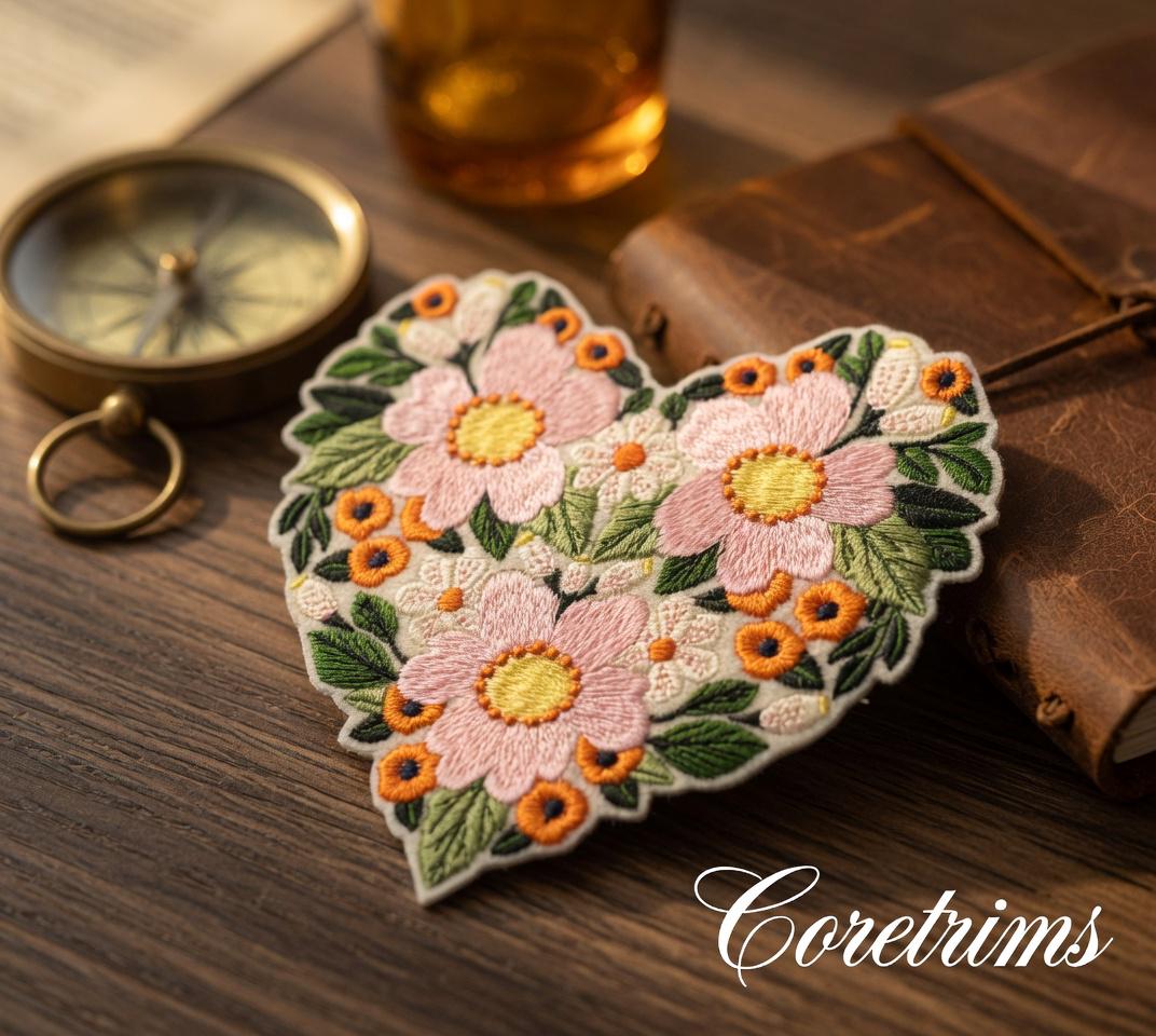 Floral Heart Patch – Hand Embroidered Pink Blossoms Badge (Iron-On)