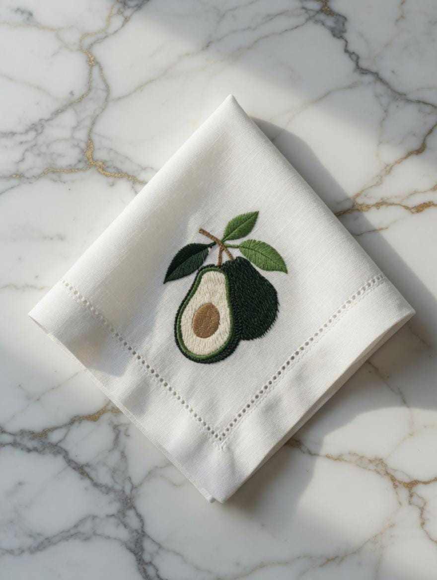 Embroidered Linen Napkin | Avocado with Leaves, Hemstitch Border, Beach Theme Table Decor