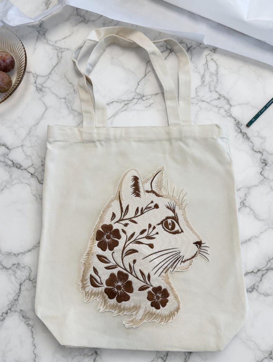 Custom Embroidered Cat Floral Tote Bag, Artistic Animal Canvas Shoulder Bag