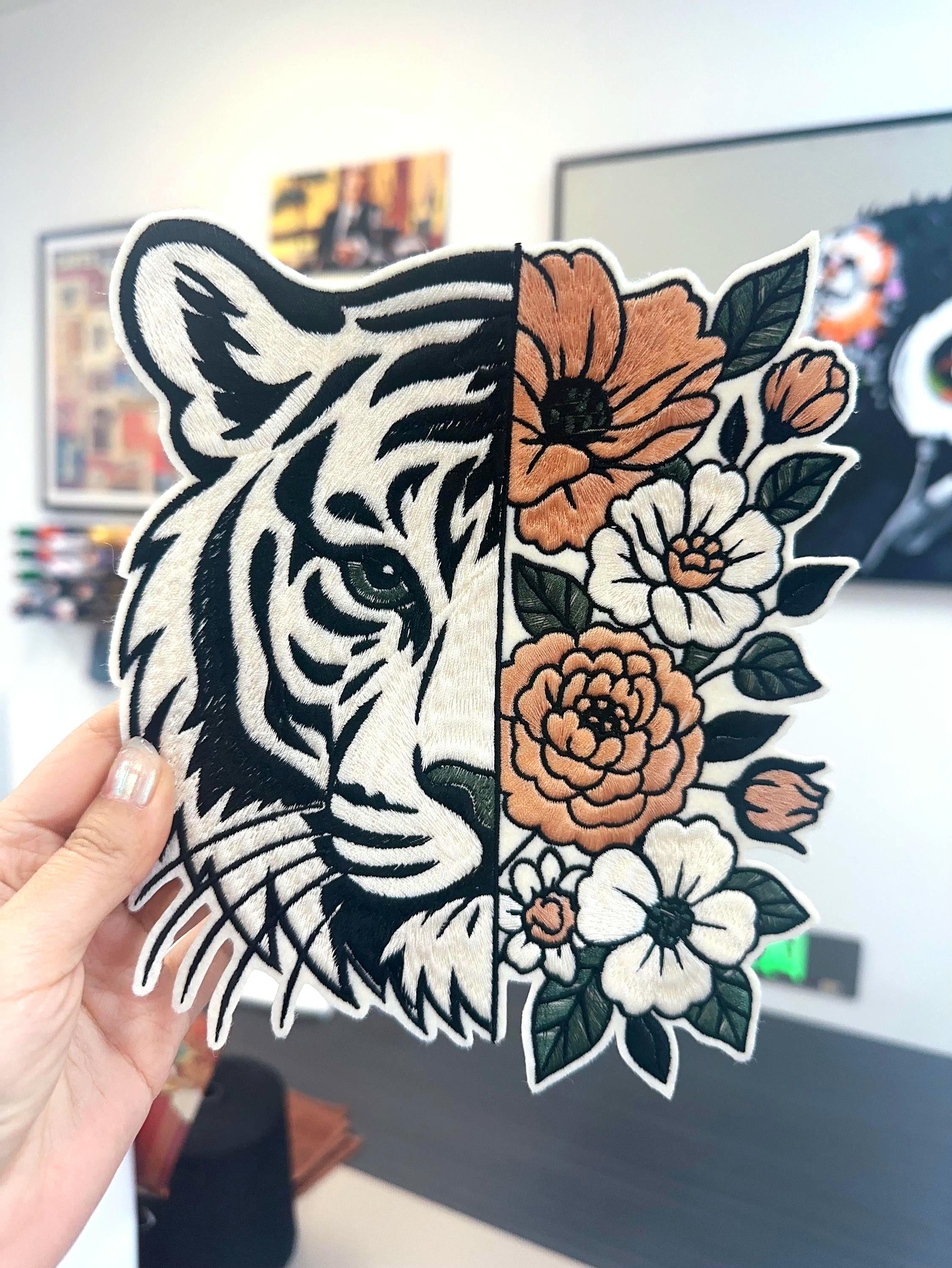Hand Embroidered Tiger Floral Patch: Sew On/Iron On Applique