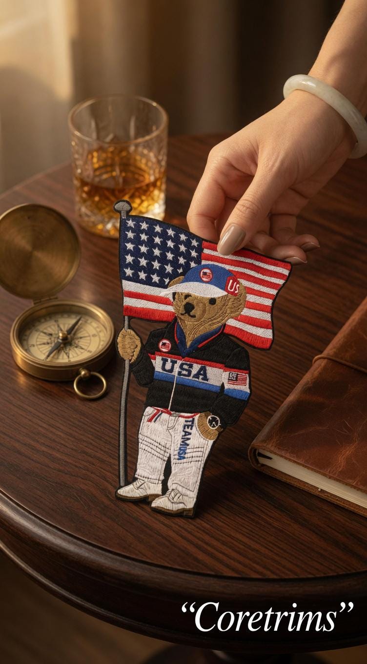 Patriotic USA Ralph Lauren style Bear Embroidered Iron-On Patch – Holding American Flag, Team USA Jacket & Cap