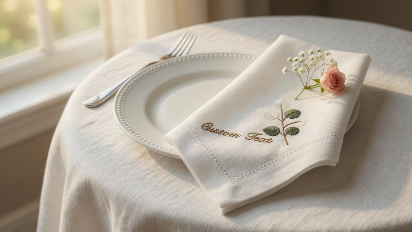 Custom Embroidered Linen Napkin | Botanical Eucalyptus Leaf Design, Personalized Text set of 2 pcs