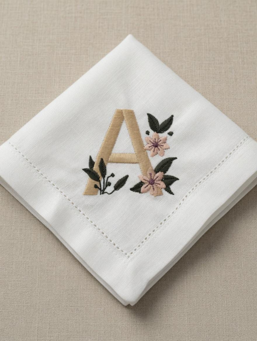 Embroidered Linen Napkin | Floral Monogram Letter A, Pink Flowers, Wedding Decor