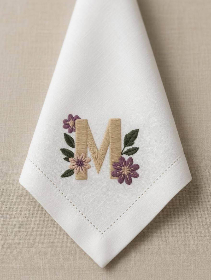 Embroidered Linen Napkin | Monogram Letter M with Purple Flowers, Wedding Table Decor