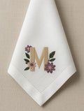 Embroidered Linen Napkin | Monogram Letter M with Purple Flowers, Wedding Table Decor