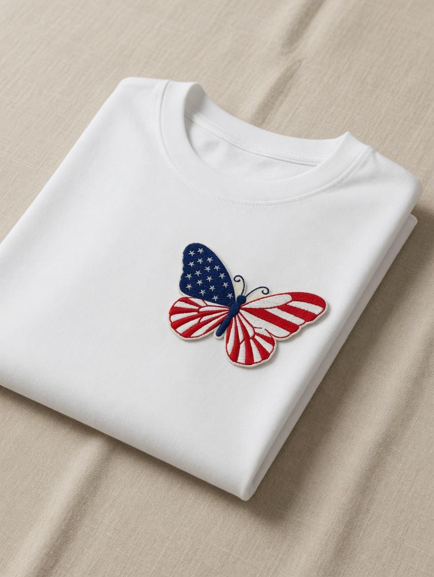 July 4 Independence Day Gift  Custom Embroidered American Flag Butterfly Cotton T-Shirt