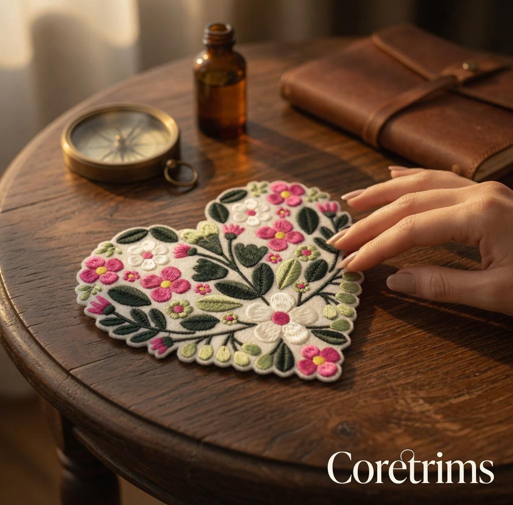 Floral Heart Patch – Hand Embroidered Pink Blossoms Badge (Iron-On)