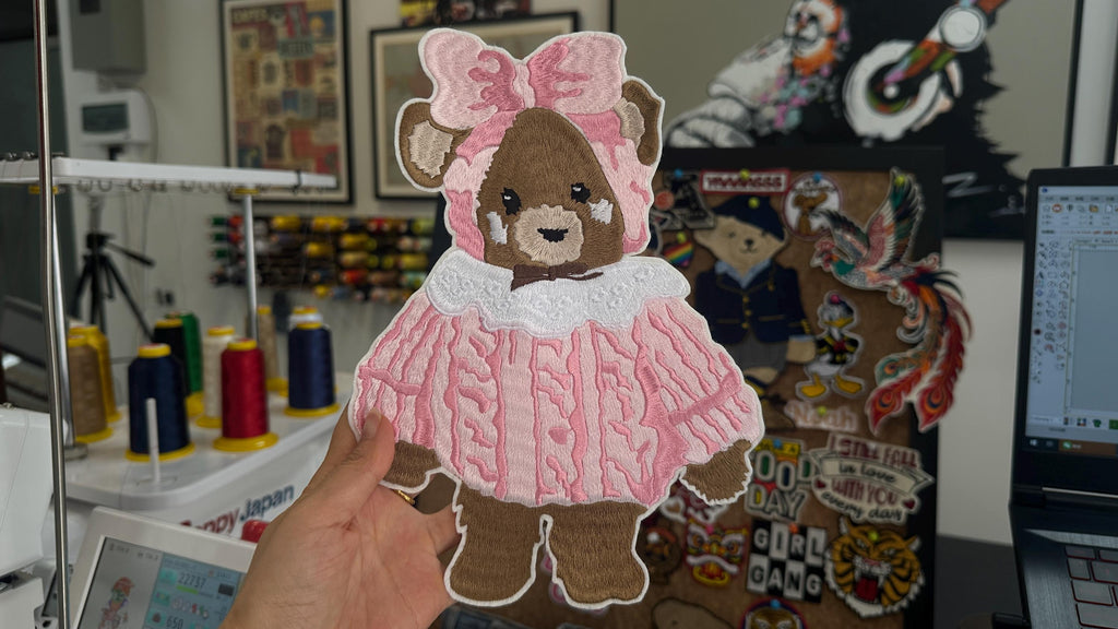 Hand Embroidered Teddy Bear Patch – Pink Frilly Baby Dress Applique (Sew On/Iron On)