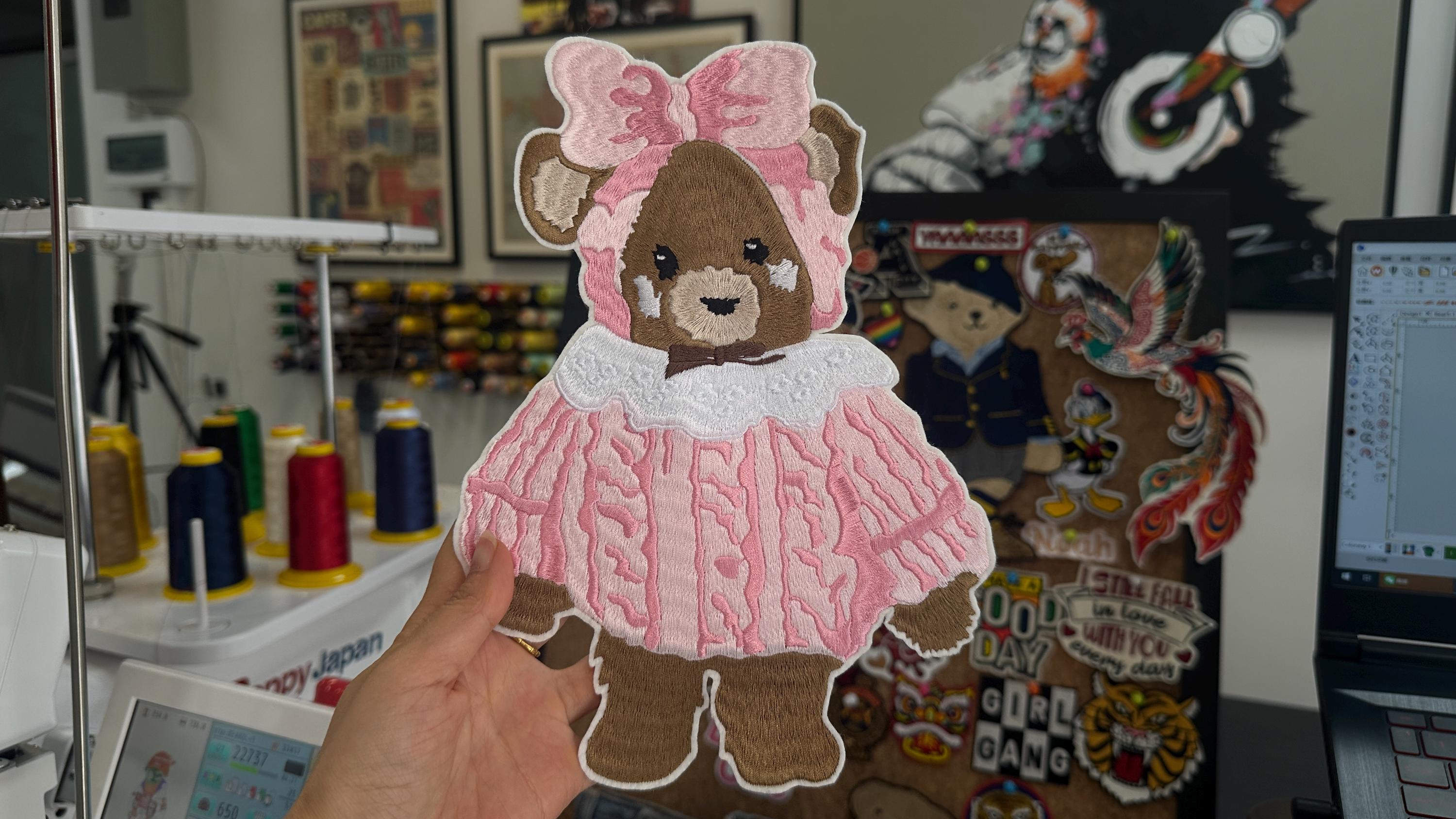 Hand Embroidered Teddy Bear Patch – Pink Frilly Baby Dress Applique (Sew On/Iron On)