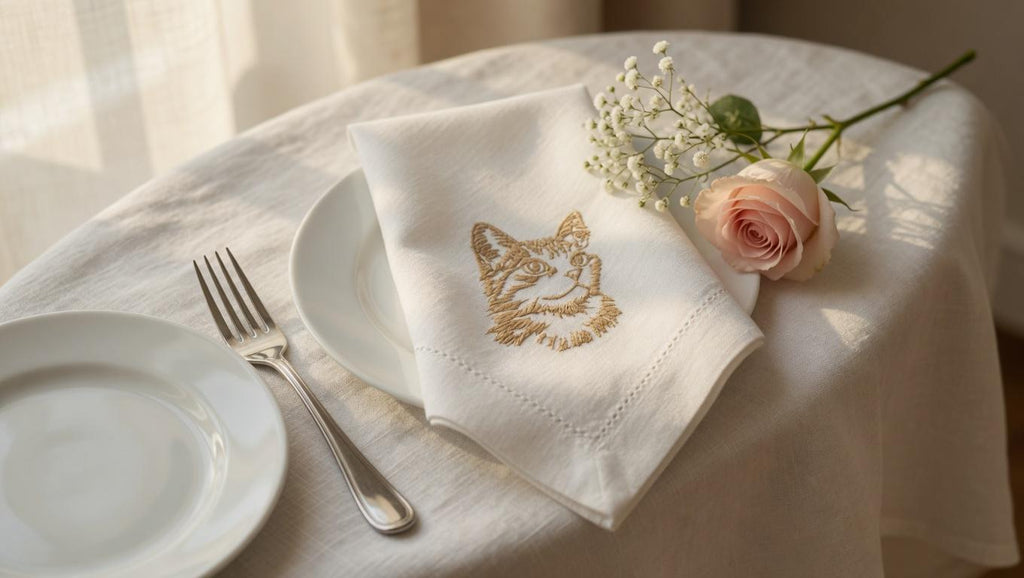 Embroidered Cat Portrait Linen Napkin – Custom Pet Lover Wedding Decor Set of 2 pcs