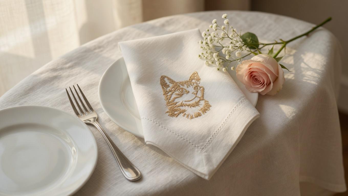 Embroidered Cat Portrait Linen Napkin – Custom Pet Lover Wedding Decor Set of 2 pcs