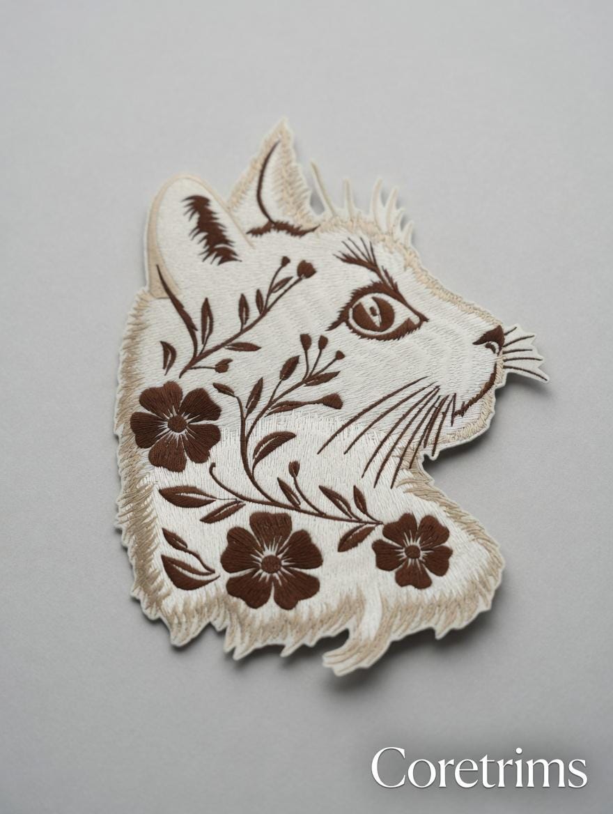 Floral Cat Head Embroidered Patch – Brown Botanical Wildcat Profile Iron-On Appliqué, Cat Lover Gift