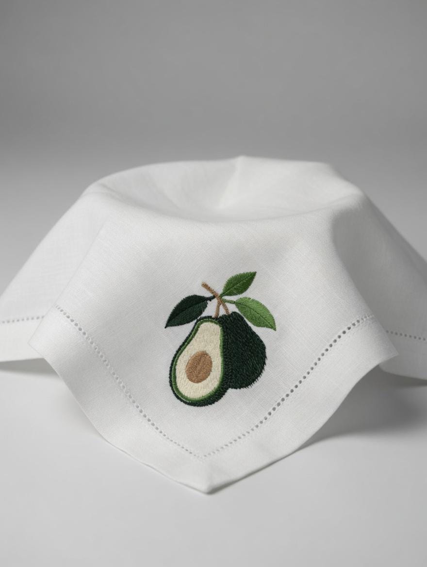 Embroidered Linen Napkin | Avocado with Leaves, Hemstitch Border, Beach Theme Table Decor