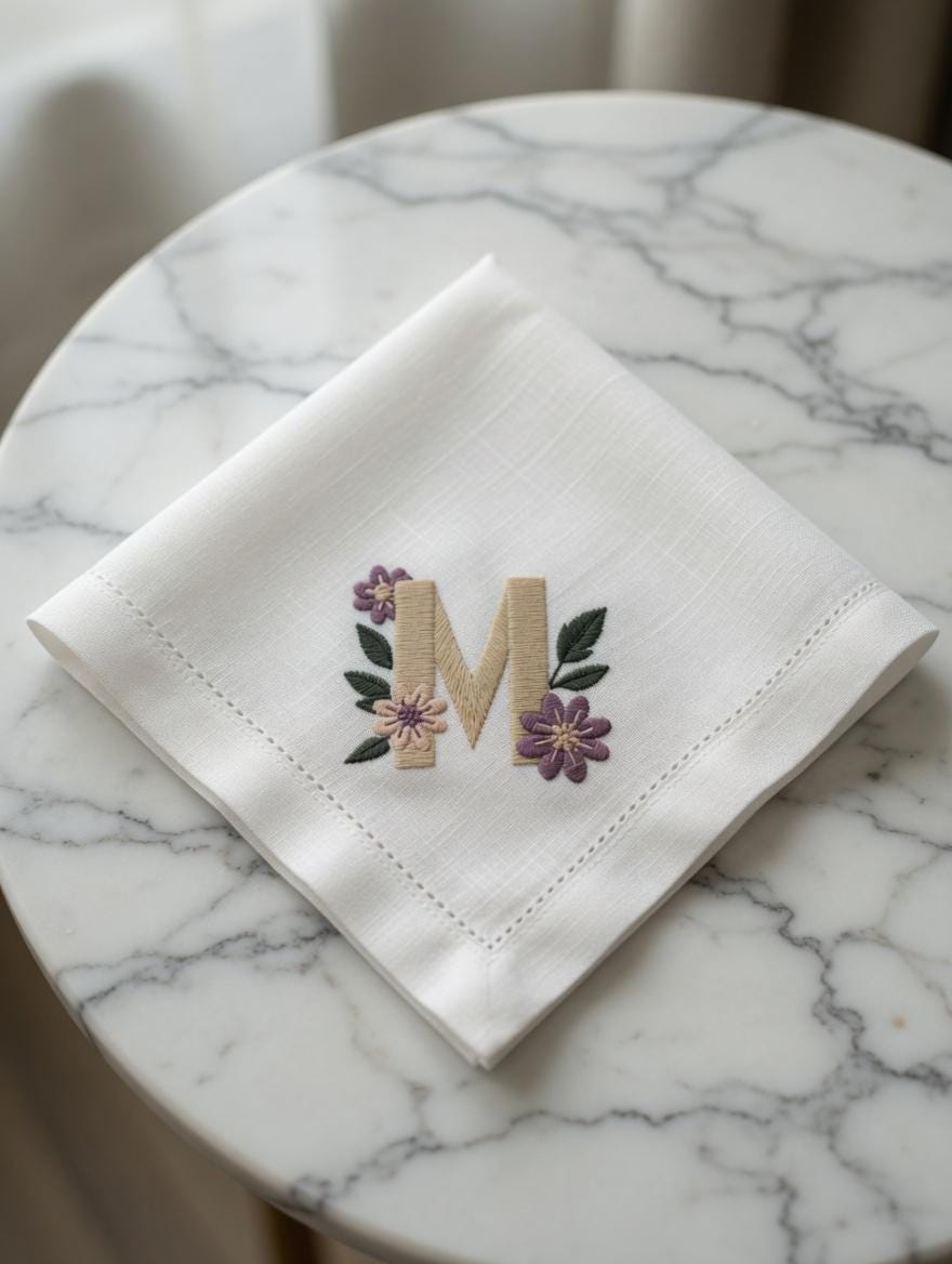 Embroidered Linen Napkin | Monogram Letter M with Purple Flowers, Wedding Table Decor