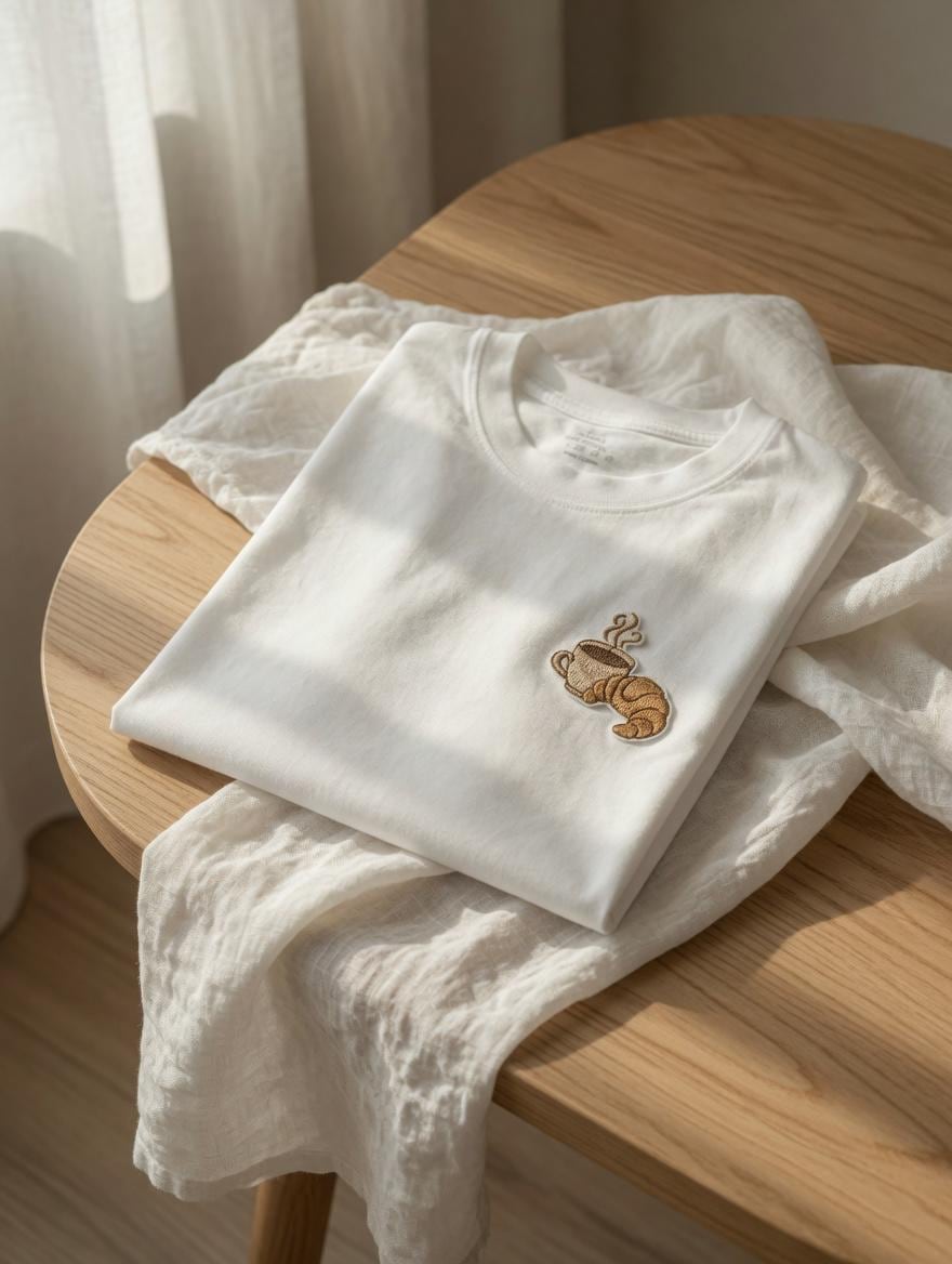 Embroidered Coffee Croissant T-Shirt | Breakfast Foodie Morning Tee