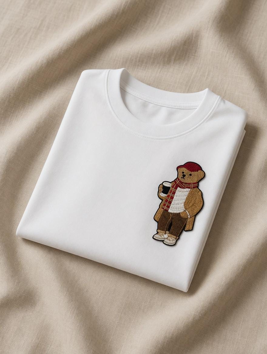 Custom Embroidered Bear T-Shirt | Guinness, Red Beanie, Plaid Scarf (Cotton)