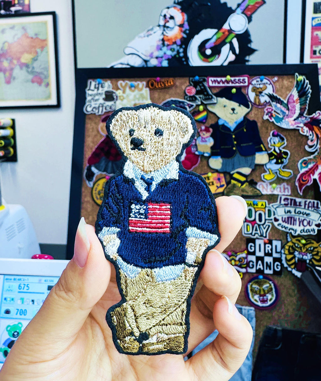 Polo Bear Embroidered Patch – USA, France, UK, Germany Flags (Sew On/Iron On)