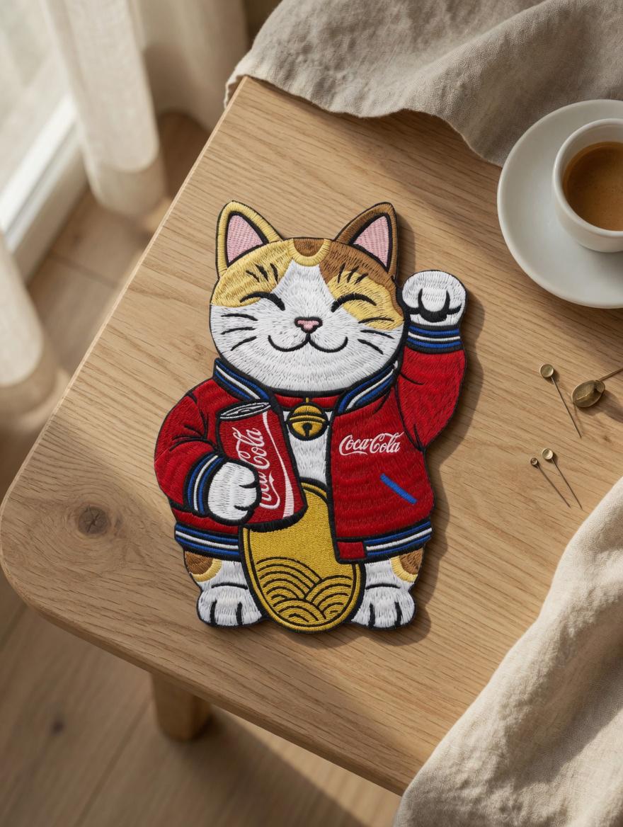 Custom Embroidered Lucky Cat Patch Maneki-neko Coca-Cola Iron-On Patch Fortune Cat Applique Gift Made to Order