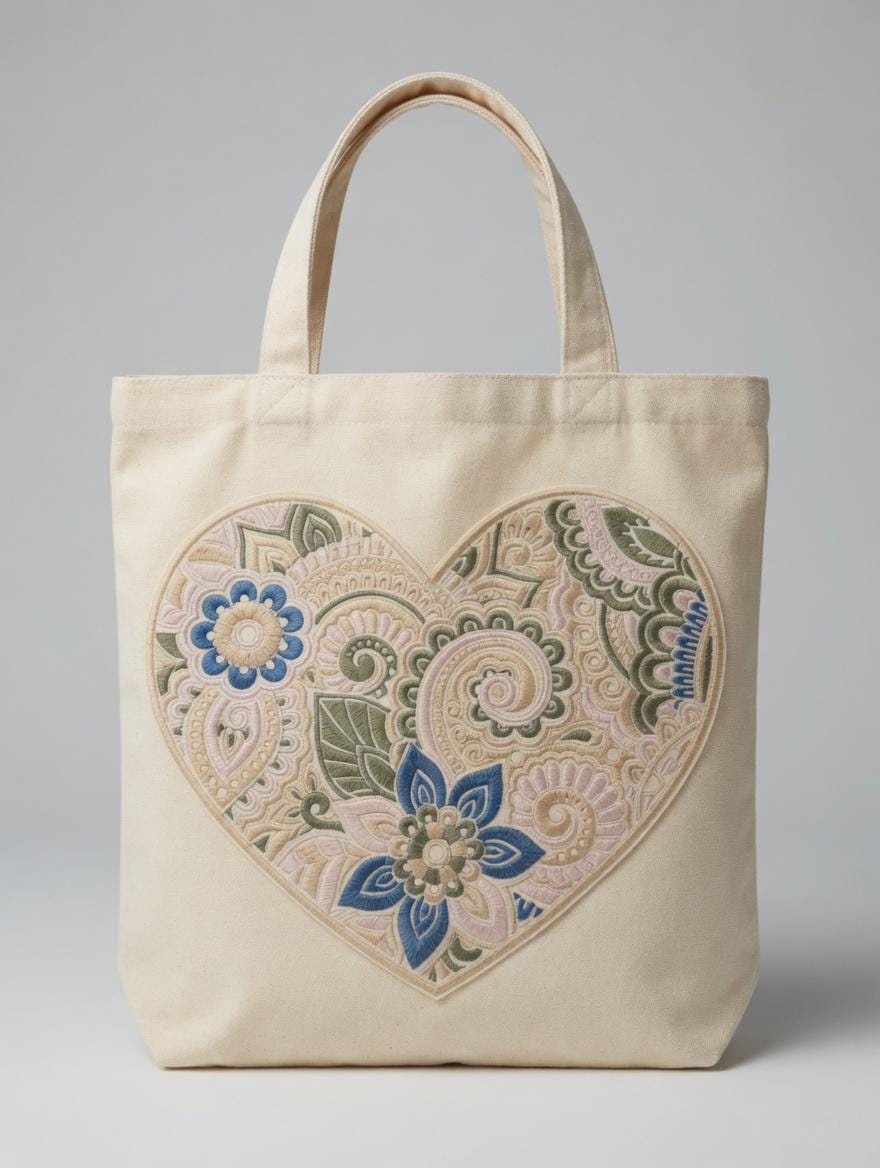 Embroidered Heart Mandala Tote Bag: Bohemian Floral Canvas Shoulder Bag