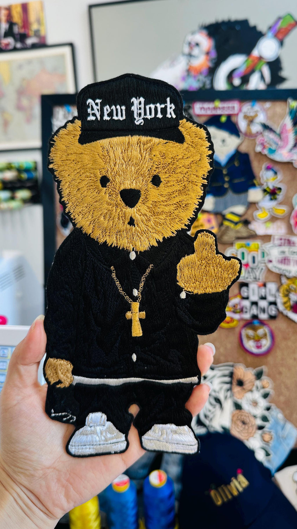 Hand Embroidered Teddy Bear Patch, New York Hip Hop Bear, Iron On Sweatshirt Hoodie