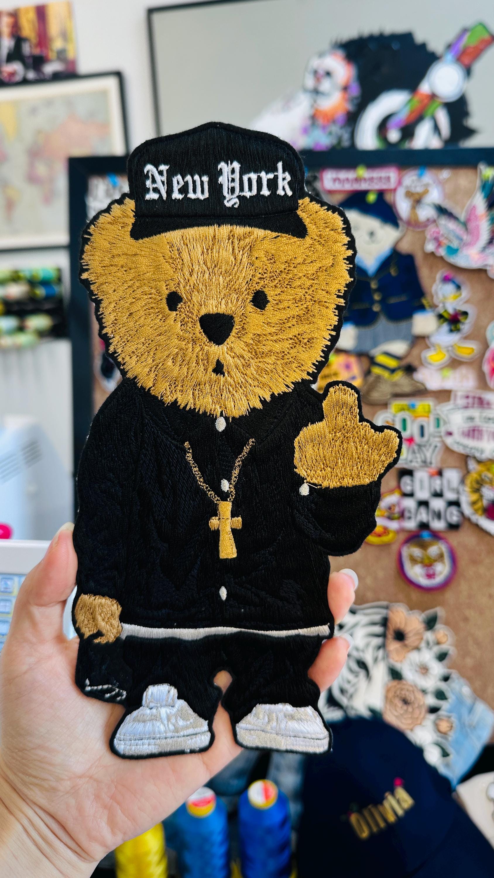 Hand Embroidered Teddy Bear Patch, New York Hip Hop Bear, Iron On Sweatshirt Hoodie