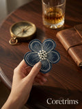 Denim Flower Patch with Pearl Center – Embroidered Appliqué, White Stitching, Sew-On Fabric Badge
