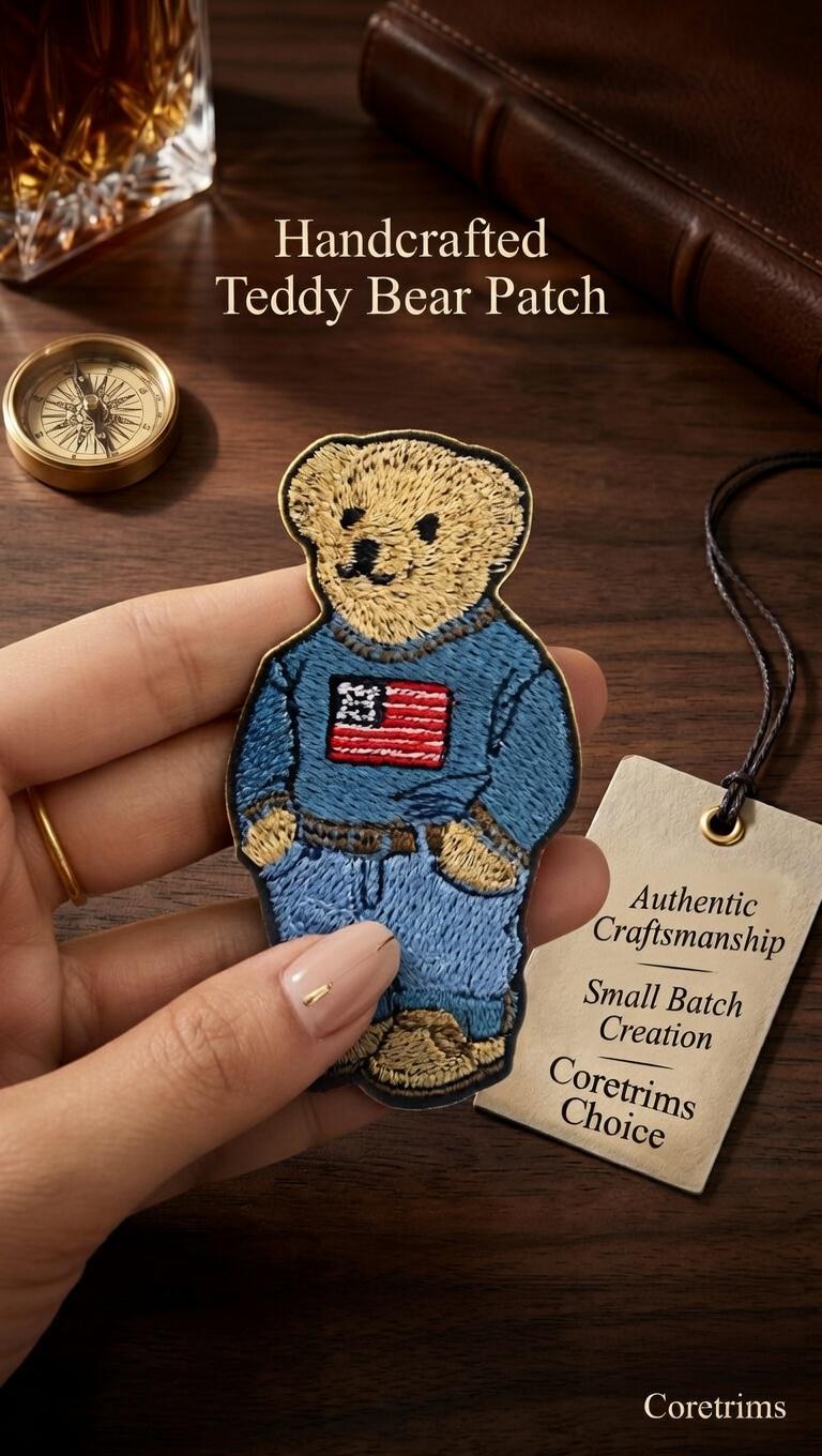 Monogram Hand Embroidered Polo Bear Patch – Blue Sweater USA Flag, Sew On Jacket Patch