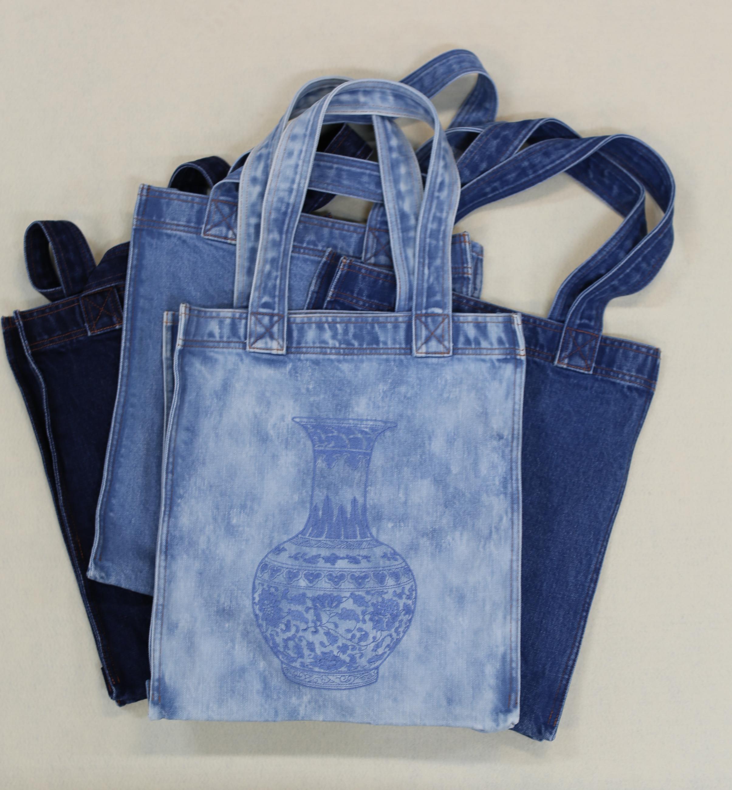 Washed Denim Tote Bag with Chinese Porcelain Embroidery – 100% Cotton Canvas Bag