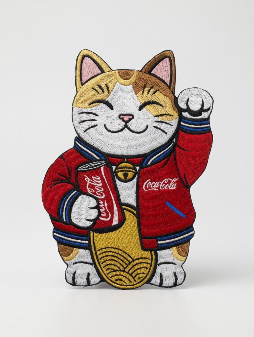 Custom Embroidered Lucky Cat Patch Maneki-neko Coca-Cola Iron-On Patch Fortune Cat Applique Gift Made to Order