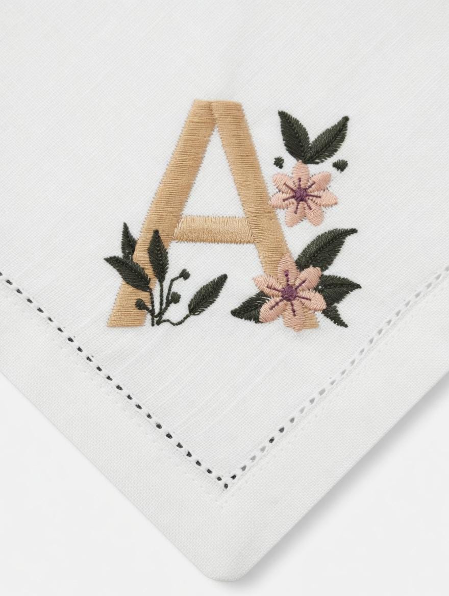Embroidered Linen Napkin | Floral Monogram Letter A, Pink Flowers, Wedding Decor