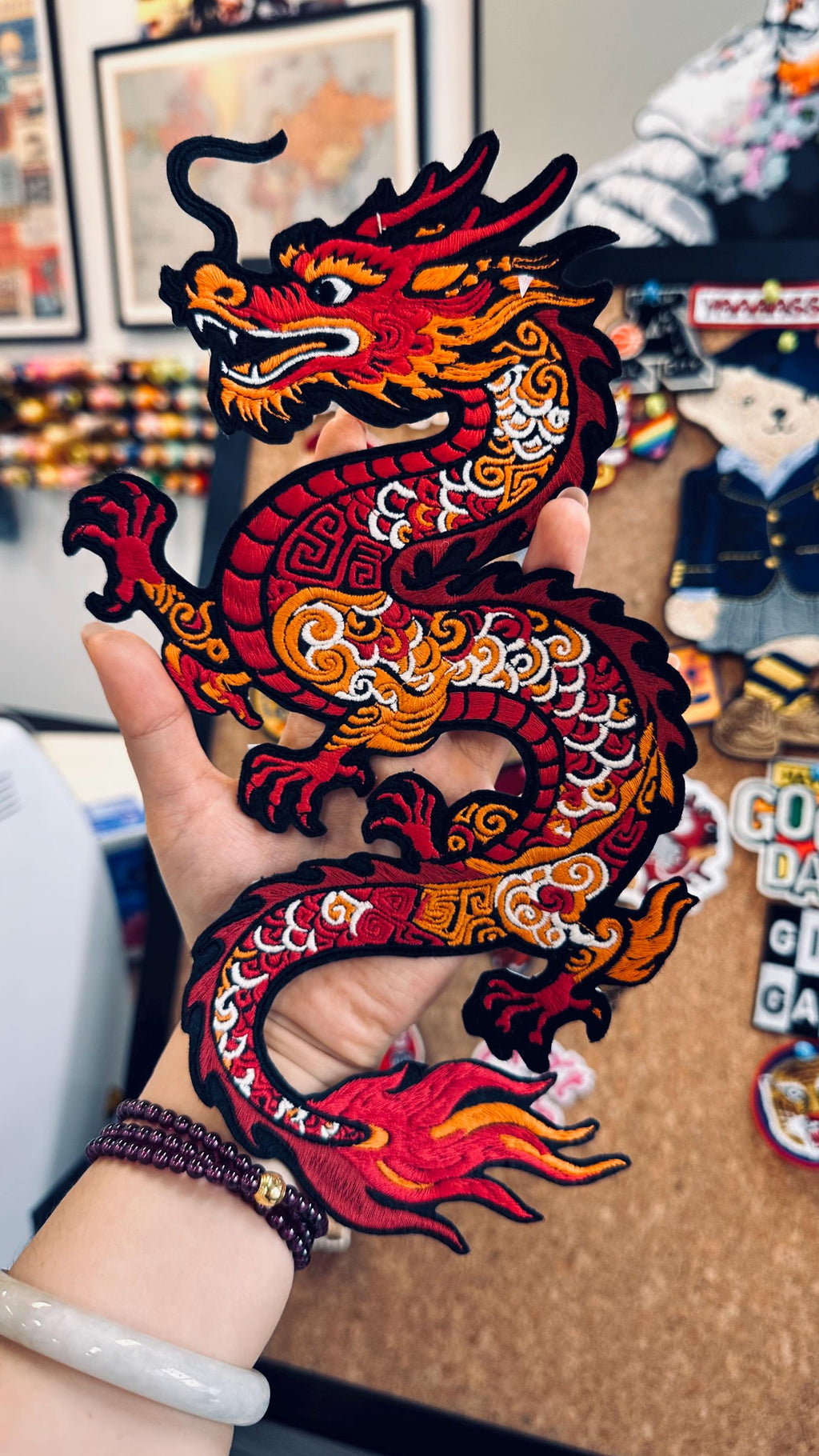 Embroidered Chinese Dragon Patch – Bright Scales, Flames, Sew On Applique