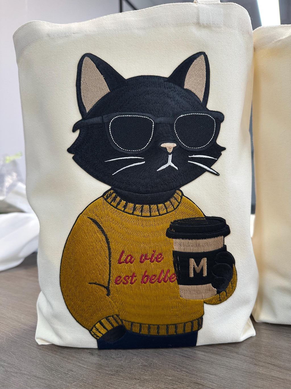 Embroidered Cat Coffee Tote Bag | Lover Canvas Shoulder Bag