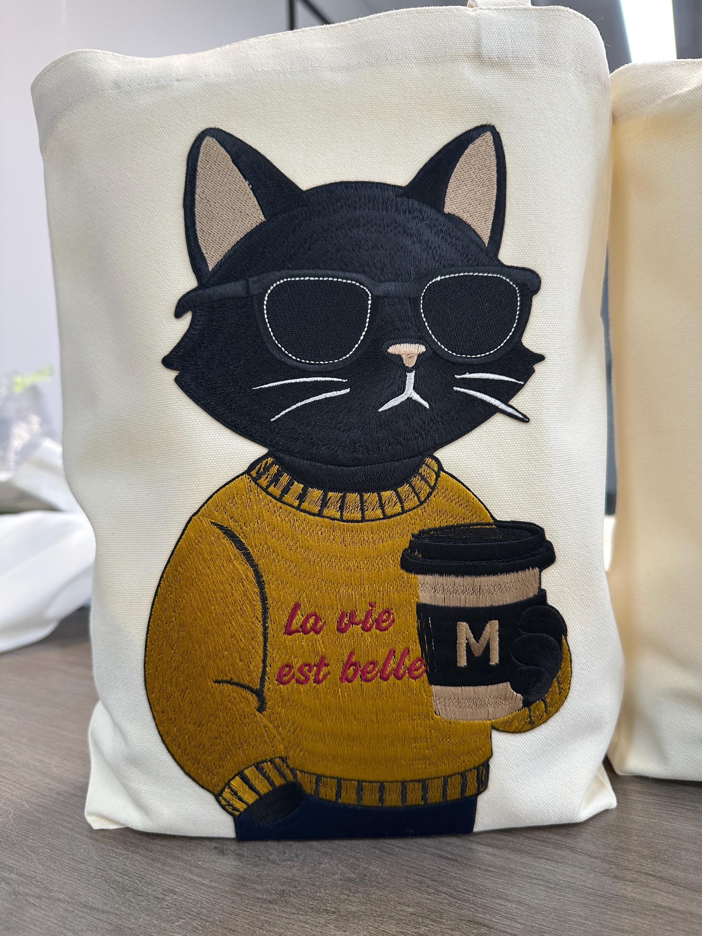 Embroidered Cat Coffee Tote Bag | Lover Canvas Shoulder Bag